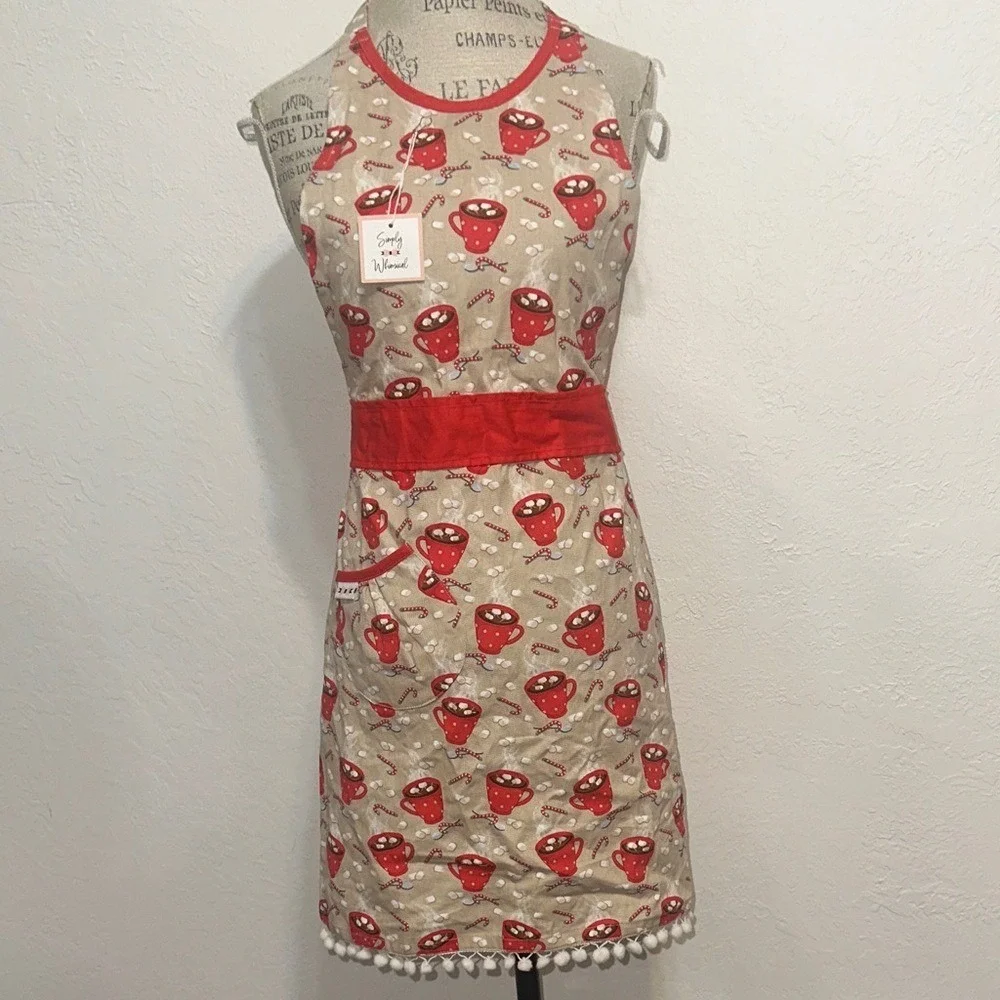 Simply Whimsical Christmas Hot Cocoa Cotton Apron Red Tan Pom Pom Trim NWT